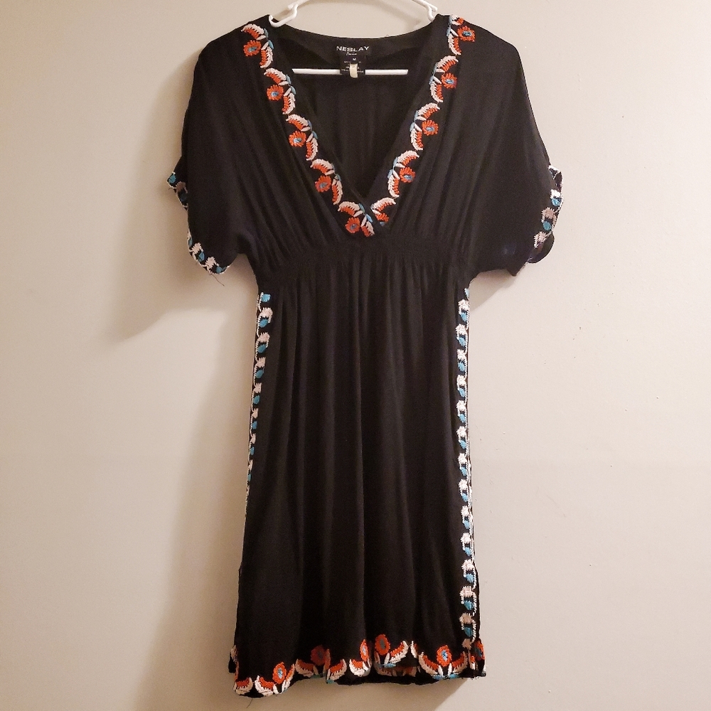 NESLAY Paris Black Midi Dress With Native American Style Adorning The Hemline